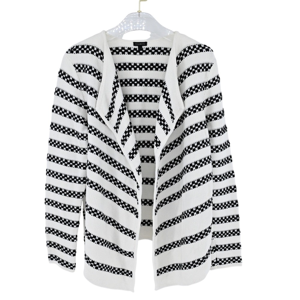 Talbots Women's White Black Stripe Waterfall Cardigan Sweater Preppy Oversized
